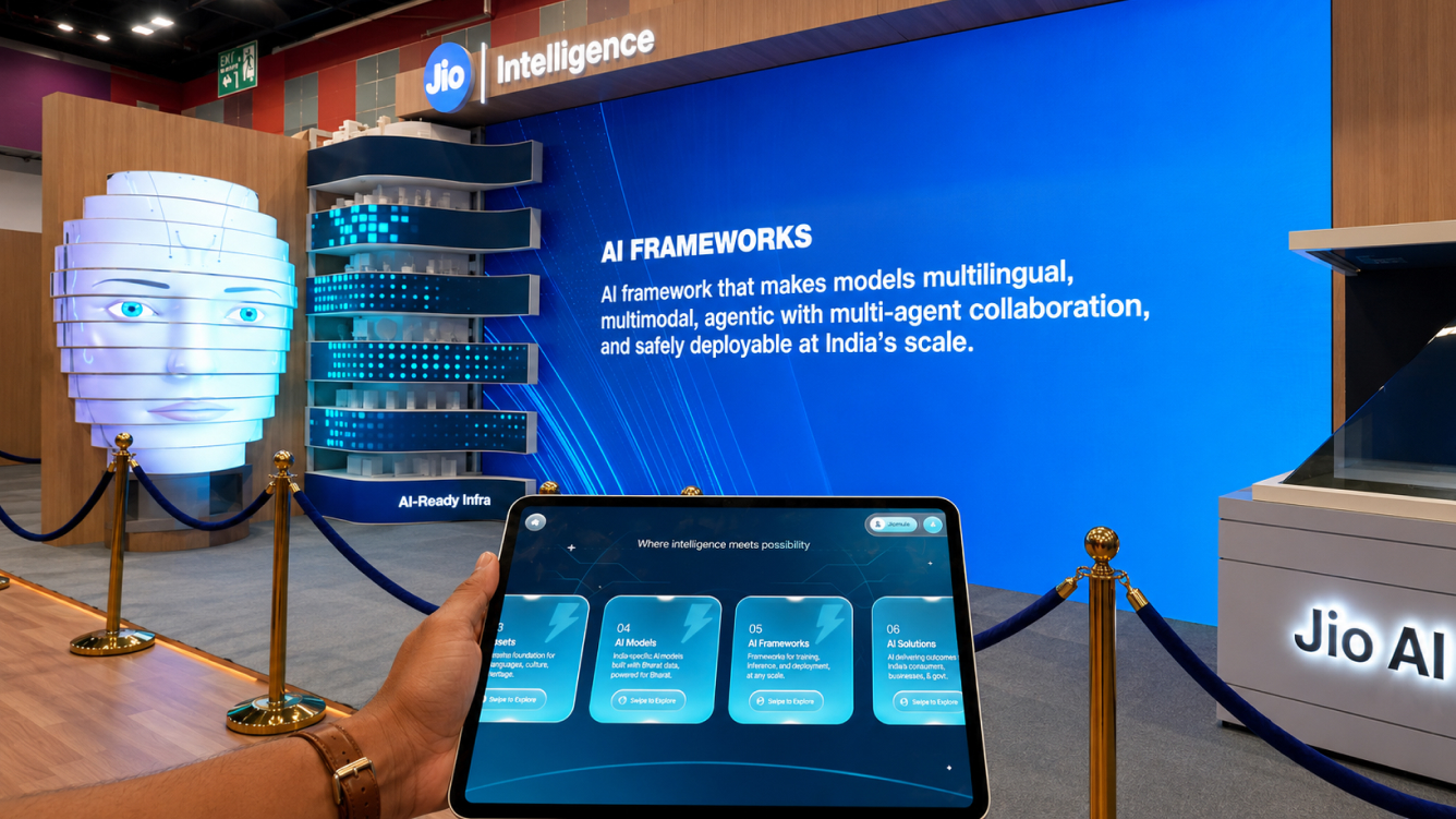 Jio AI experience featuring a digital avatar and interactive AI stack